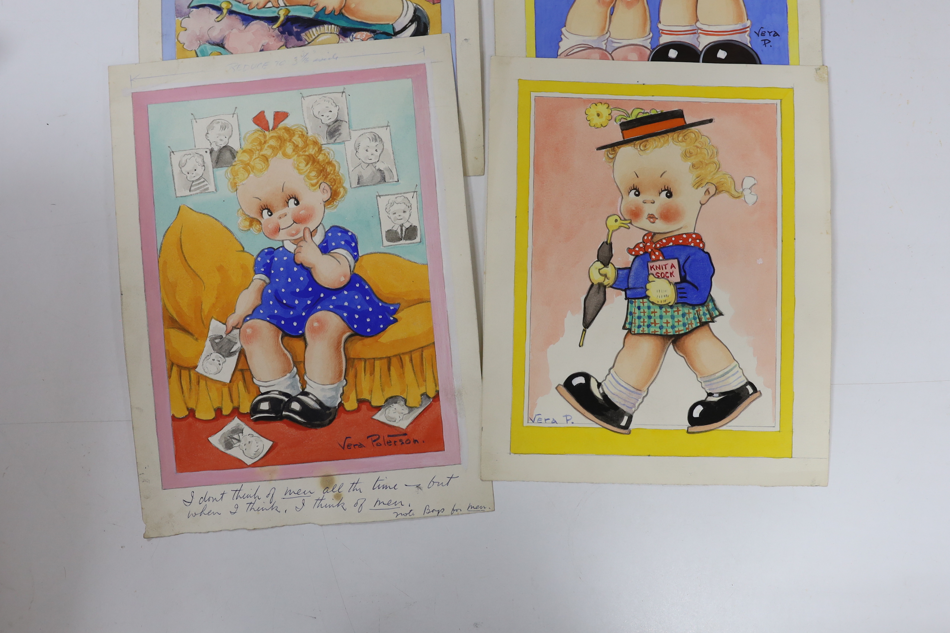 Reg Maurice (Aka. Vera Paterson), set of six original watercolours on card for postcard designs, Humorous children, each signed and inscribed, largest 32 x 23cm, unframed